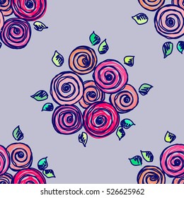 Seamless vector hand drawn seamless floral  pattern. Blue Background with flowers, leaves. Decorative cute graphic hand drawing seamles patern illustration