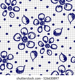 Seamless vector hand drawn seamless floral  pattern. Blue and white background with flowers, leaves, dots on the checkered paper. Decorative cute graphic hand drawing seamles patern illustration
