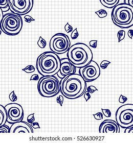 Seamless vector hand drawn seamless floral  pattern. Blue and white background with flowers, leaves on the checkered paper. Decorative cute graphic hand drawing seamles patern illustration