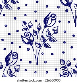 Seamless vector hand drawn seamless floral  pattern. Blue and white background with flowers, leaves, dots on the checkered paper. Decorative cute graphic hand drawing seamles patern illustration