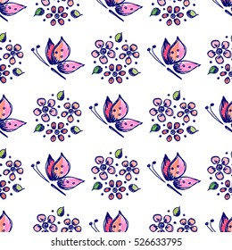 Seamless vector hand drawn seamless floral pattern with insect. Colorful background with flowers and butterfly. Decorative cute graphic vector hand drawing seamles patern, illustration