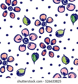 Seamless vector hand drawn seamless floral  pattern. Colorful Background with flowers, leaves, dots. Decorative cute graphic vector hand drawing seamles patern, illustration