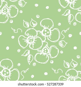 Seamless vector hand drawn seamless floral  pattern. Green background with flowers, leaves, dots Decorative cute graphic drawn illustration. Vector Template for background, wrapping, wallpaper 