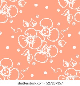 Seamless vector hand drawn seamless floral  pattern. Red background with flowers, leaves, dots Decorative cute graphic drawn illustration. Vector  Template for background, wrapping, wallpaper.