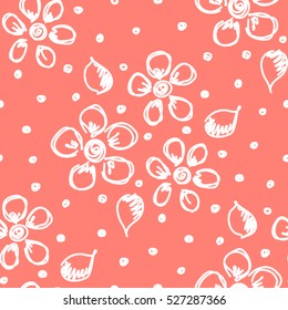 Seamless vector hand drawn seamless floral  pattern. Red background with flowers, leaves, dots. Decorative cute graphic drawn illustration. Template for background, wrapping, wallpaper.