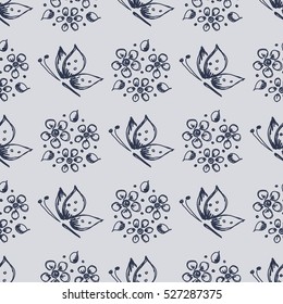Seamless vector hand drawn seamless floral  pattern with insect. Blue background with flowers, leaves, butterfly Decorative cute graphic drawn illustration Template for background, wrapping, wallpaper