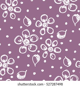Seamless vector hand drawn seamless floral  pattern. Violet background with flowers, leaves, dots Decorative cute graphic drawn illustration. Vector Template for background, wrapping, wallpaper.