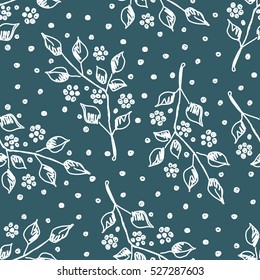 Seamless vector hand drawn seamless floral  pattern. Blue background with flowers, leaves, dots Decorative cute graphic drawn illustration. Vector Template for background, wrapping, wallpaper.