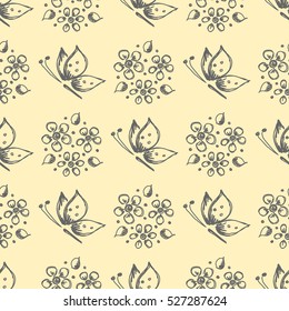 Seamless vector hand drawn seamless floral  pattern with insect Yellow background with flowers leaves butterfly Decorative cute graphic drawn illustration Template for background wrapping, wallpaper