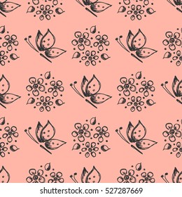 Seamless vector hand drawn seamless floral  pattern with insect. Pink background with flowers leaves butterfly Decorative cute graphic drawn illustration Template for background, wrapping, wallpaper