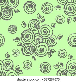Seamless vector hand drawn seamless floral  pattern.  Green background with flowers, leaves Decorative cute graphic drawn illustration. Vector Template for background, wrapping, wallpaper.