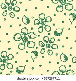 Seamless vector hand drawn seamless floral  pattern. Yellow, green background with flowers, leaves, dots Decorative cute graphic drawn illustration Vector Template for background, wrapping, wallpaper