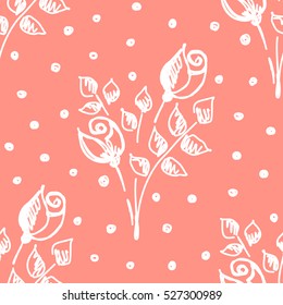 Seamless vector hand drawn seamless floral  pattern. Red background with flowers, leaves, dots. Decorative cute graphic drawn illustration. Template for background, wrapping, wallpaper.