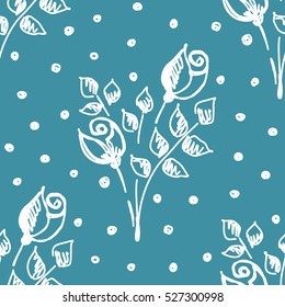 Seamless vector hand drawn seamless floral  pattern. Blue background with flowers, leaves, dots. Decorative cute graphic drawn illustration. Vector Template for background, wrapping, wallpaper
