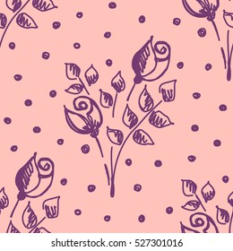 Seamless vector hand drawn seamless floral  pattern. Pink background with flowers, leaves, dots Decorative cute graphic drawn illustration. Vector Template for background, wrapping, wallpaper.