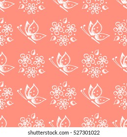 Seamless vector hand drawn seamless floral  pattern with insect Red  background with flowers,leaves butterfly Decorative cute graphic drawn illustration Template for background, wrapping, wallpaper.