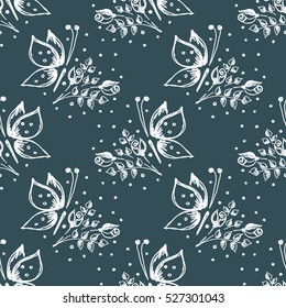 Seamless vector hand drawn seamless floral  pattern with insect. Blue background with flowers, leaves butterfly Decorative cute graphic drawn illustration Template for background wrapping, wallpaper