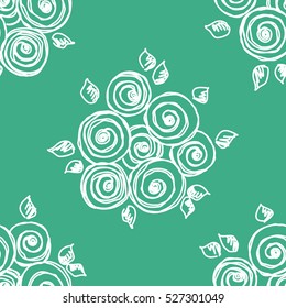 Seamless vector hand drawn seamless floral  pattern. Green  background with flowers, leaves. Decorative cute graphic drawn illustration Vector Template for background, wrapping, wallpaper.