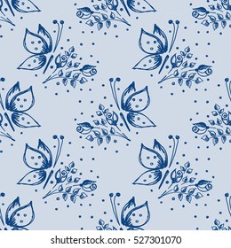 Seamless vector hand drawn seamless floral  pattern with insect. Blue background with flowers, leaves butterfly Decorative cute graphic drawn illustration Template for background wrapping, wallpaper