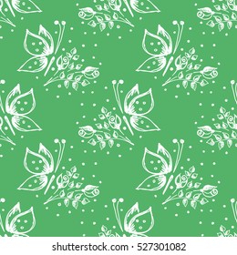 Seamless vector hand drawn seamless floral  pattern with insect Green background with flowers leaves butterfly Decorative cute graphic drawn illustration Template for background, wrapping, wallpaper