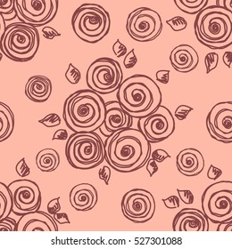 Seamless vector hand drawn seamless floral  pattern. Pink background with flowers, leaves Decorative cute graphic drawn illustration. Vector Template for background, wrapping, wallpaper.