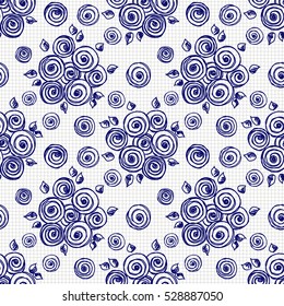 Seamless vector hand drawn seamless floral  pattern. Blue and white background with flowers, leaves on the checkered paper. Decorative cute graphic drawn illustration.