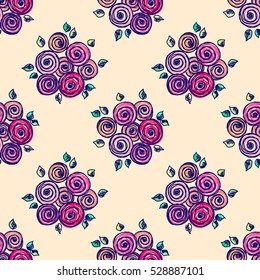 Seamless vector hand drawn seamless floral  pattern. Colorful Background with flowers, leaves. Pink, violet decorative cute graphic drawn illustration. Template for background, wrapping, cover