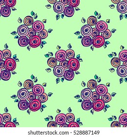 Seamless vector hand drawn seamless floral  pattern. Colorful Background with flowers, leaves. Green, pink decorative cute graphic drawn illustration. Template for background, wrapping, cover