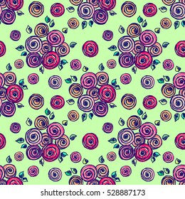 Seamless vector hand drawn seamless floral  pattern. Colorful Background with flowers, leaves. Green, pink decorative cute graphic drawn illustration. Template for background, wrapping, cover