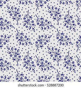 Seamless vector hand drawn seamless floral  pattern. Blue and white background with flowers, leaves, dots on the checkered paper. Decorative cute graphic drawn illustration. 