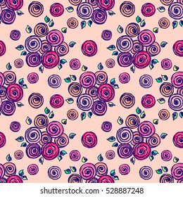 Seamless vector hand drawn seamless floral  pattern. Colorful Background with flowers, leaves. Pink decorative cute graphic drawn illustration. Template for background, wrapping, cover