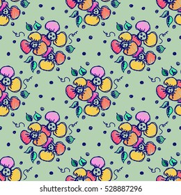 Seamless vector hand drawn seamless floral  pattern. Colorful Background with flowers, leaves, dots. Green decorative cute graphic drawn illustration. Template for background, wrapping, cover