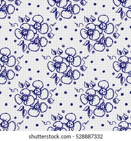 Seamless vector hand drawn seamless floral  pattern. Blue and white background with flowers, leaves, dots on the checkered paper. Decorative cute graphic drawn illustration.