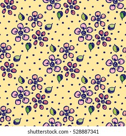 Seamless vector hand drawn seamless floral  pattern. Colorful Background with flowers, leaves, dots. Yellow decorative cute graphic drawn illustration. Template for background, wrapping, cover