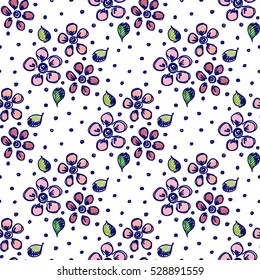 Seamless vector hand drawn seamless floral  pattern. Colorful Background with flowers, leaves, dots. Decorative cute graphic drawn illustration. 