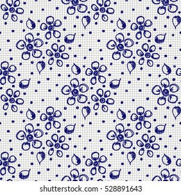 Seamless vector hand drawn seamless floral  pattern. Blue and white background with flowers, leaves, dots on the checkered paper. Decorative cute graphic drawn illustration.