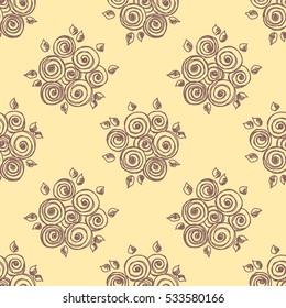 Seamless vector hand drawn seamless floral  pattern. Yellow background with flowers, leaves. Decorative cute graphic drawn illustration. Template for background, wrapping, wallpaper..