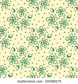 Seamless vector hand drawn seamless floral  pattern. Yellow background with green flowers, leaves, dots. Decorative cute graphic drawn illustration. Template for background, wrapping, wallpaper..