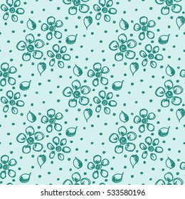 Seamless vector hand drawn seamless floral  pattern. Blue background with flowers, leaves, dots. Decorative cute graphic drawn illustration. Template for background, wrapping, wallpaper..