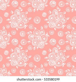Seamless vector hand drawn seamless floral  pattern. Pink background with flowers, leaves. Decorative cute graphic drawn illustration. Template for background, wrapping, wallpaper..
