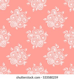Seamless vector hand drawn seamless floral  pattern. Pink background with flowers, leaves. Decorative cute graphic drawn illustration. Template for background, wrapping, wallpaper..