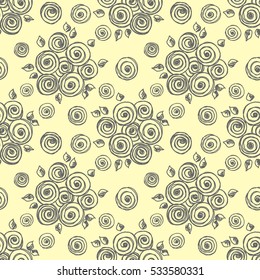 Seamless vector hand drawn seamless floral  pattern. Yellow background with flowers, leaves. Decorative cute graphic drawn illustration. Template for background, wrapping, wallpaper..
