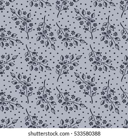 Seamless vector hand drawn seamless floral  pattern. Blue background with flowers, leaves, dots. Decorative cute graphic drawn illustration. Template for background, wrapping, wallpaper..