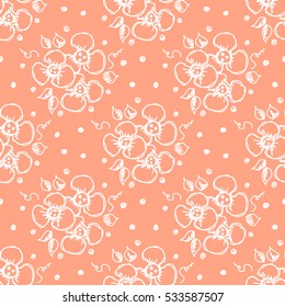 Seamless vector hand drawn seamless floral  pattern. Red background with flowers, leaves, dots. Decorative cute graphic drawn illustration. Template for background, wrapping, wallpaper..