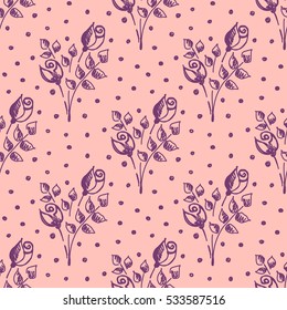 Seamless vector hand drawn seamless floral  pattern. Pink background with flowers, leaves, dots. Decorative cute graphic drawn illustration. Template for background, wrapping, wallpaper..