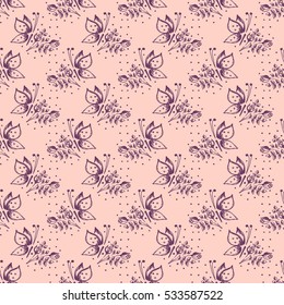 Seamless vector hand drawn seamless floral  pattern with insect.  Pink background with flowers, leaves butterfly Decorative cute graphic drawn illustration Template for background, wrapping wallpaper.