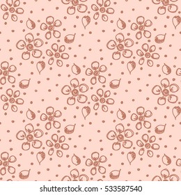 Seamless vector hand drawn seamless floral  pattern. Pink background with flowers, leaves, dots. Decorative cute graphic drawn illustration. Template for background, wrapping, wallpaper..