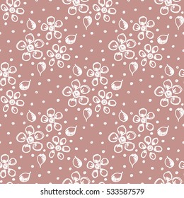 Seamless vector hand drawn seamless floral  pattern. Pink background with flowers, leaves, dots. Decorative cute graphic drawn illustration. Template for background, wrapping, wallpaper..