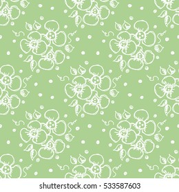 Seamless vector hand drawn seamless floral  pattern. Green background with flowers, leaves, dots. Decorative cute graphic drawn illustration. Template for background, wrapping, wallpaper..