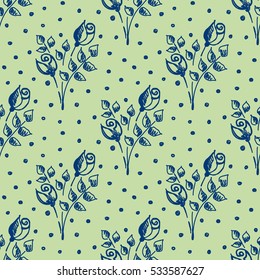 Seamless vector hand drawn seamless floral  pattern. Green background with flowers, leaves, dots. Decorative cute graphic drawn illustration. Template for background, wrapping, wallpaper..
